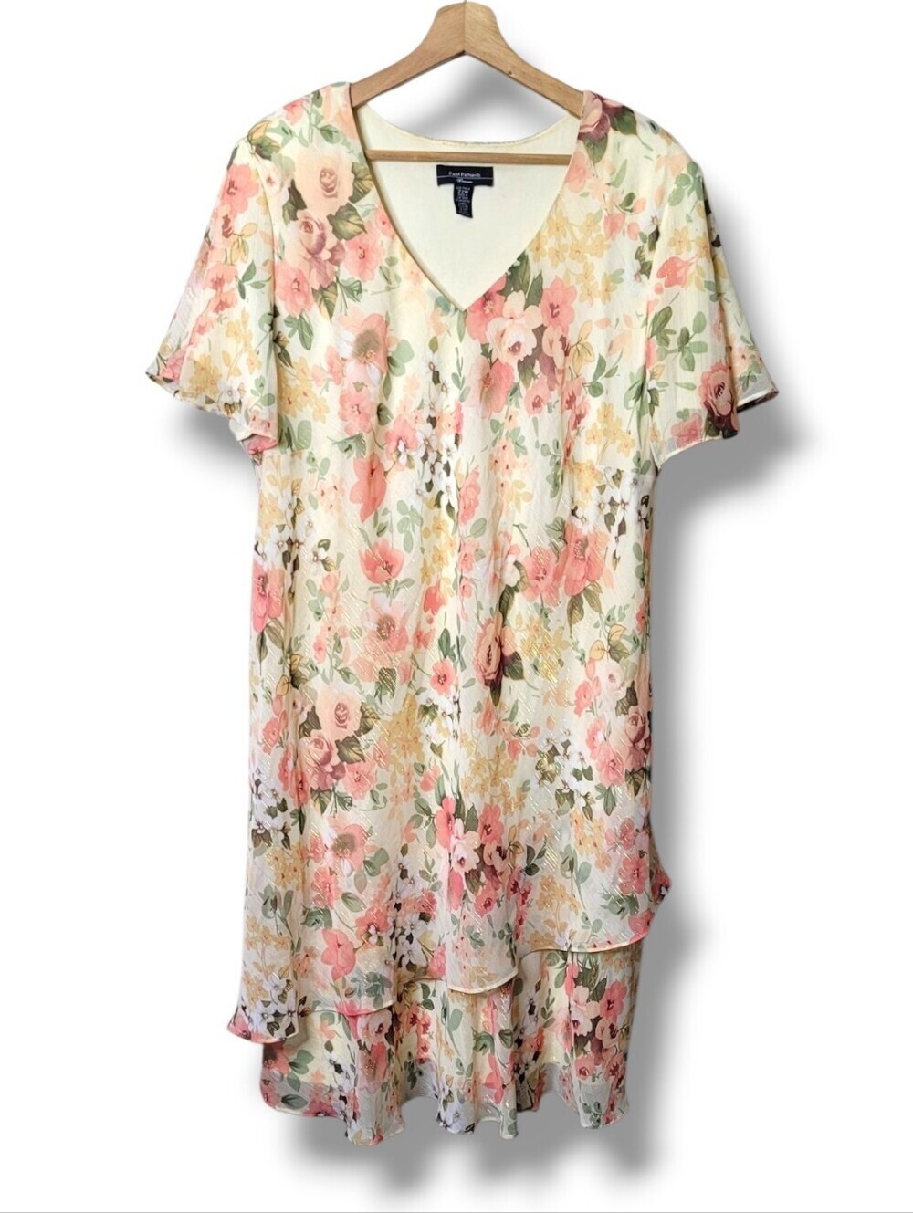 R&M Richards Floral Chiffon Midi Dress 22W Cottage Short Sleeve Romantic Tiered